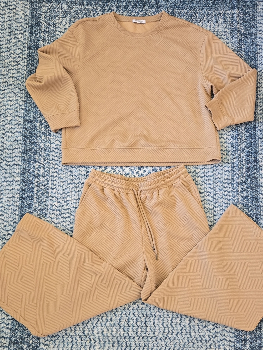 Double Take Textured Women’s Sweatshirt & Wide-Leg Sweatpants Set In Camel